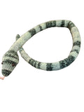 Suzie's Sunshine Dolls hand-crocheted snake toy with grey and white stripes, poseable with button eyes and pink forked tongue.