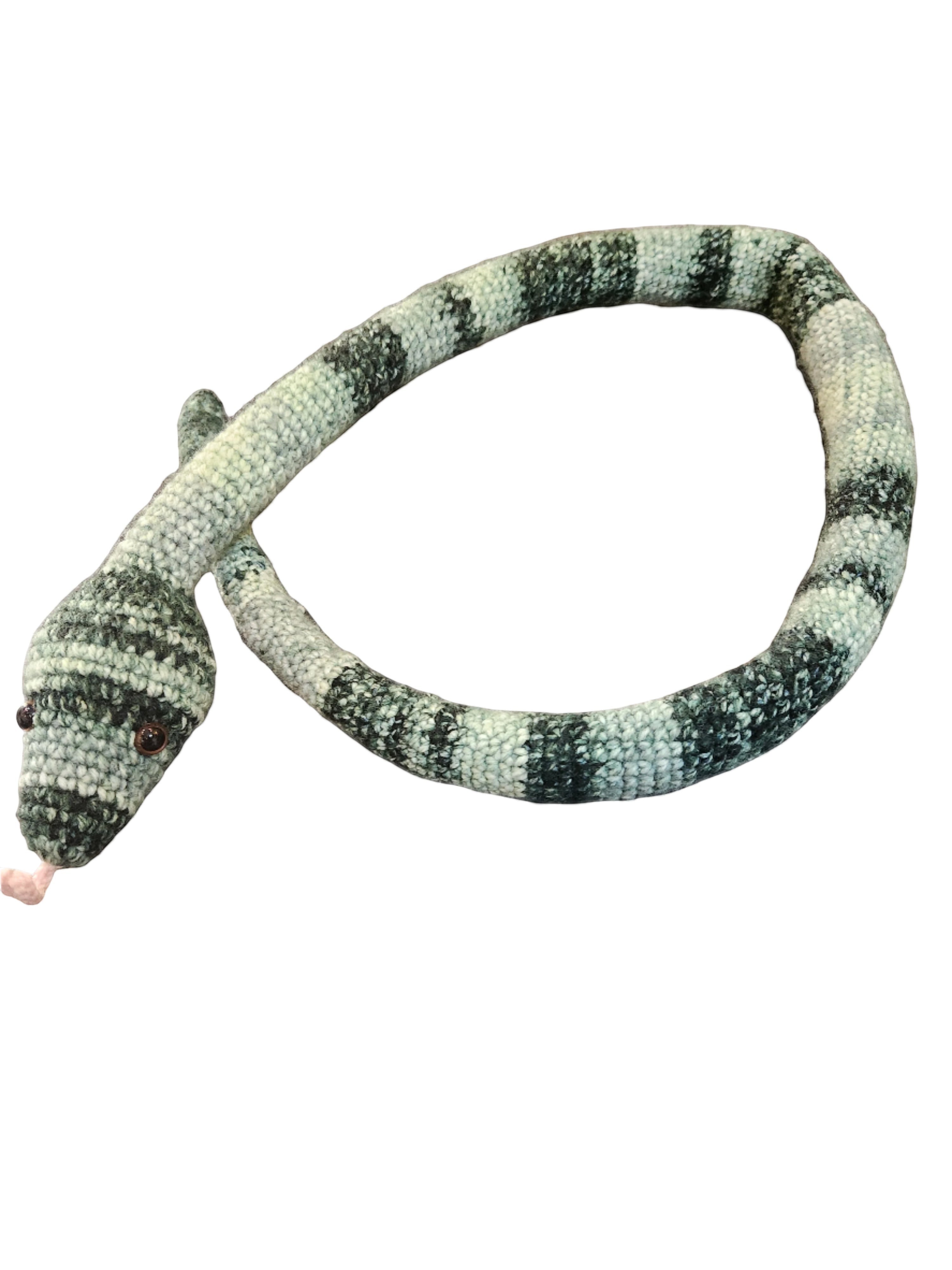 Suzie's Sunshine Dolls hand-crocheted snake toy with grey and white stripes, poseable with button eyes and pink forked tongue.