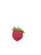 Suzie's Sunshine Dolls hand-crocheted red strawberry with green leaves, made of cotton yarn.