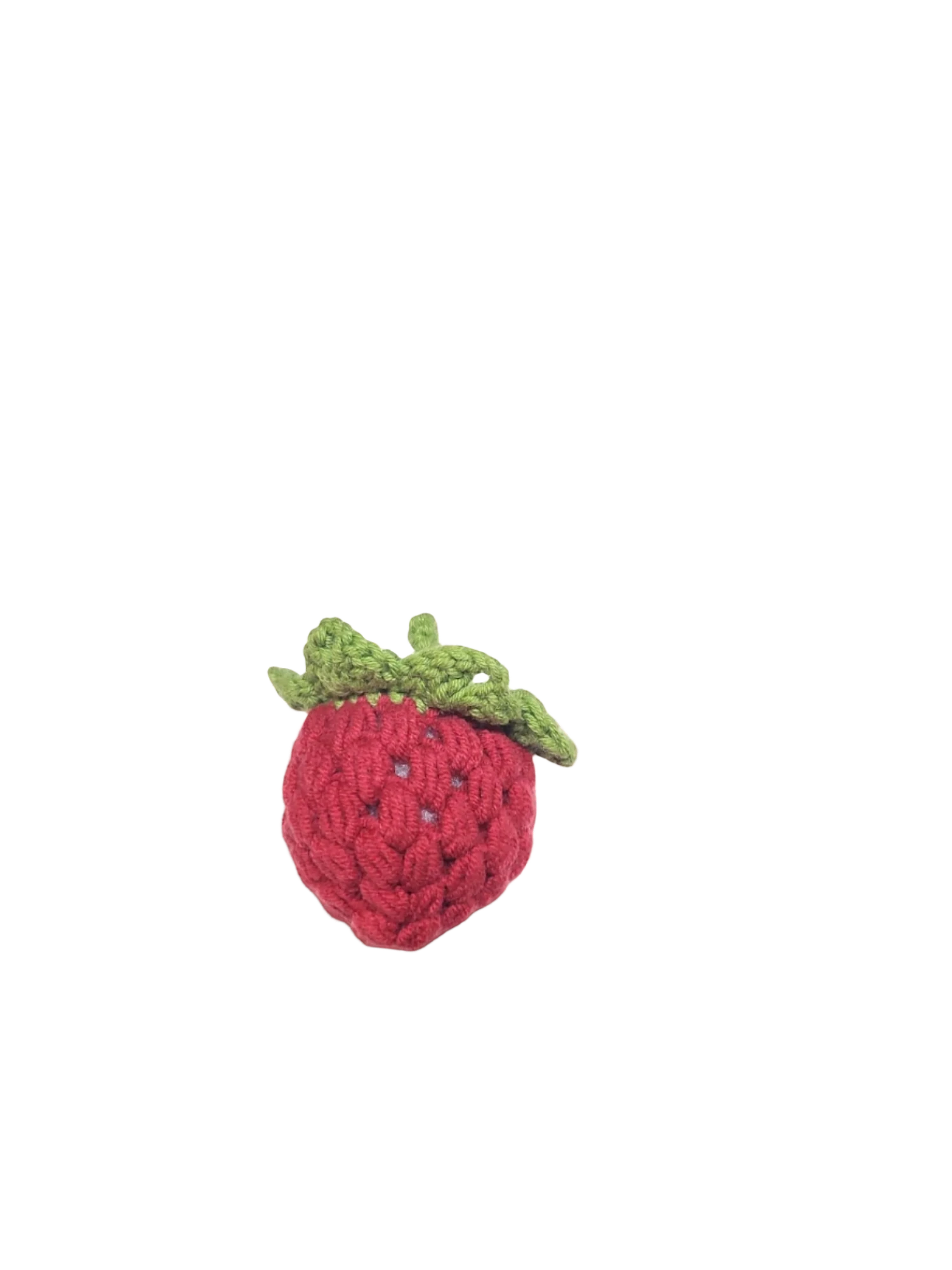 Suzie's Sunshine Dolls hand-crocheted red strawberry with green leaves, made of cotton yarn.
