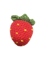 Suzie's Sunshine Dolls red crocheted strawberry with green leaves and yellow seeds, handmade cotton yarn