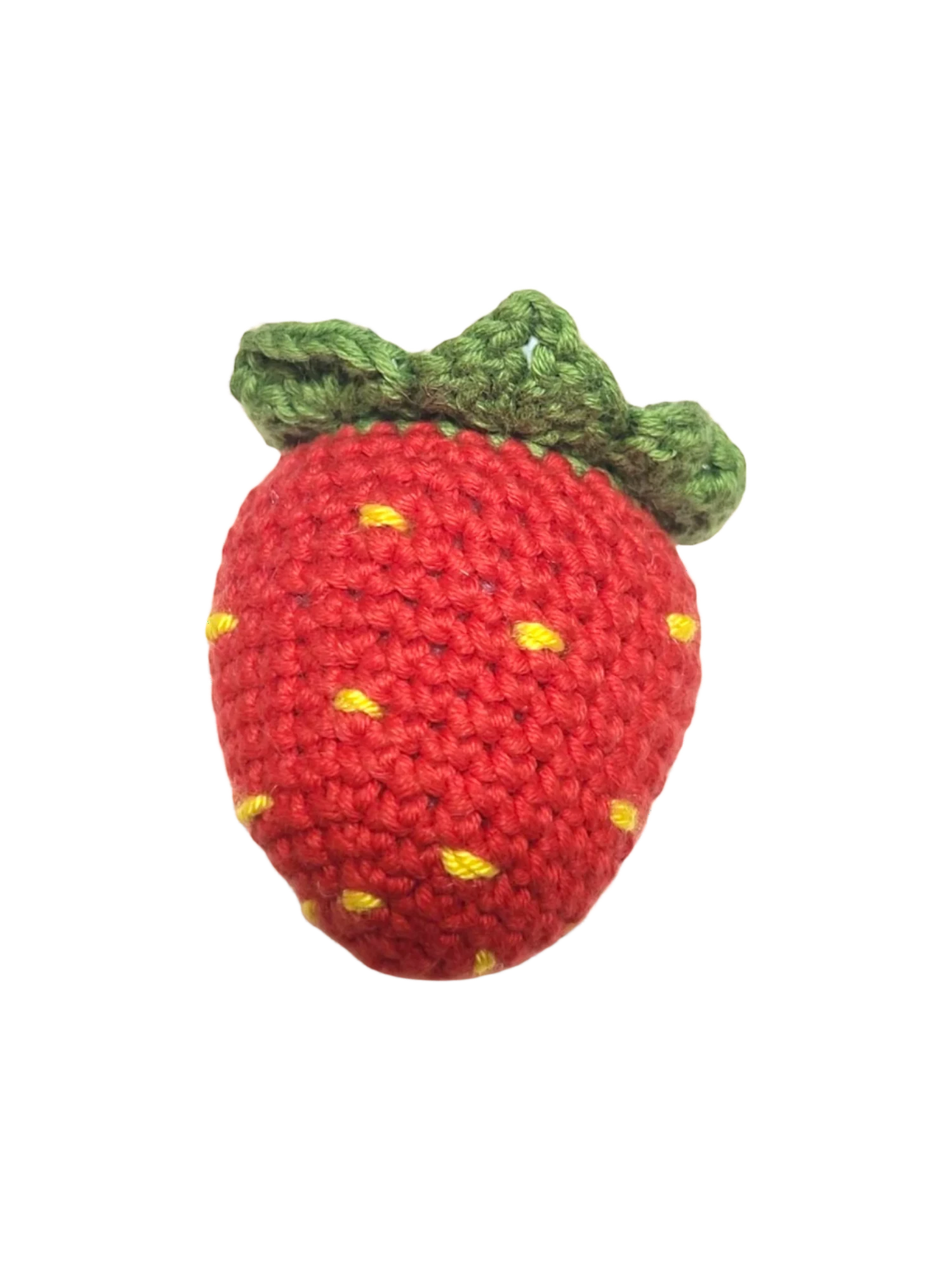 Suzie's Sunshine Dolls red crocheted strawberry with green leaves and yellow seeds, handmade cotton yarn
