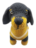 Suzie's Sunshine Dolls handmade miniature dachshund dog toy, black and tan yarn with yellow jumper.