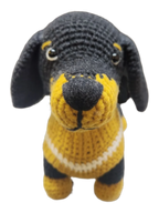 Suzie's Sunshine Dolls handmade miniature dachshund dog toy, black and tan yarn with yellow jumper.