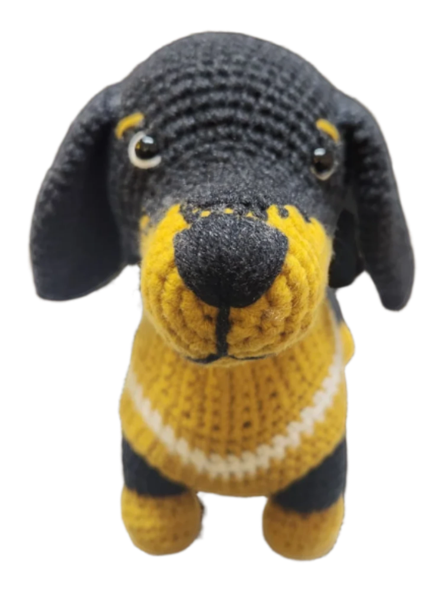 Suzie's Sunshine Dolls handmade miniature dachshund dog toy, black and tan yarn with yellow jumper.