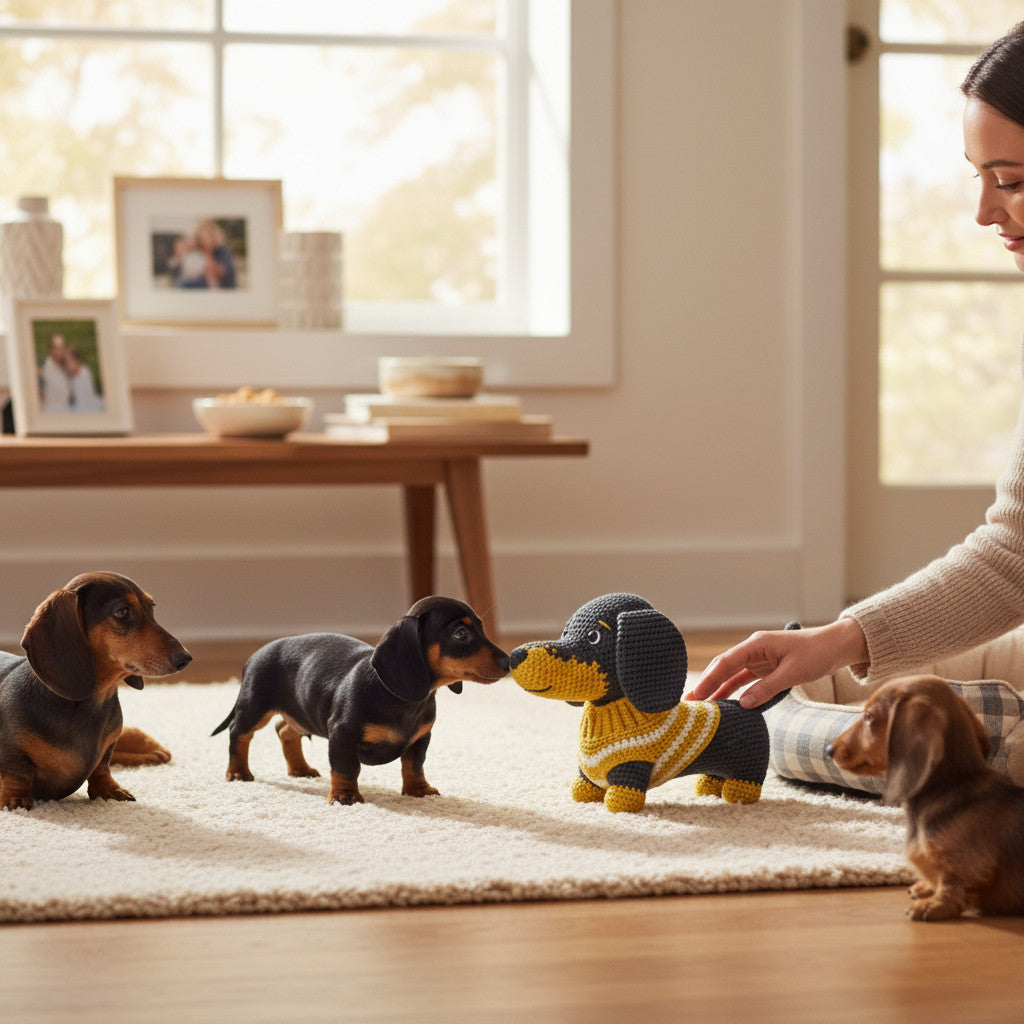 Suzie's Sunshine Dolls handmade miniature dachshund dog toy, grey and yellow yarn with striped jumper.