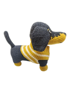 Suzie's Sunshine Dolls handmade miniature dachshund dog toy in white and yellow yarn with striped jumper.