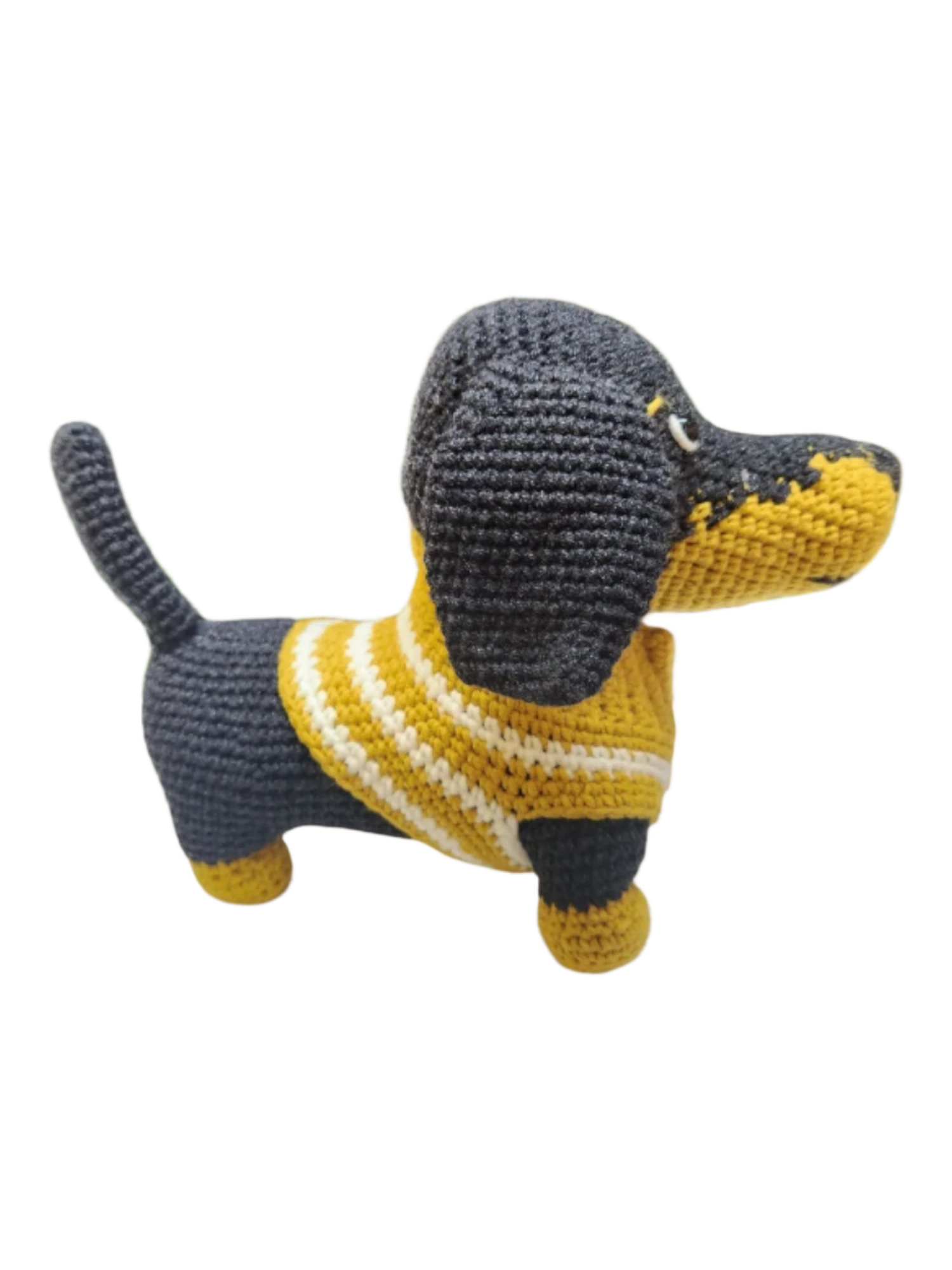 Suzie's Sunshine Dolls handmade miniature dachshund dog toy in white and yellow yarn with striped jumper.
