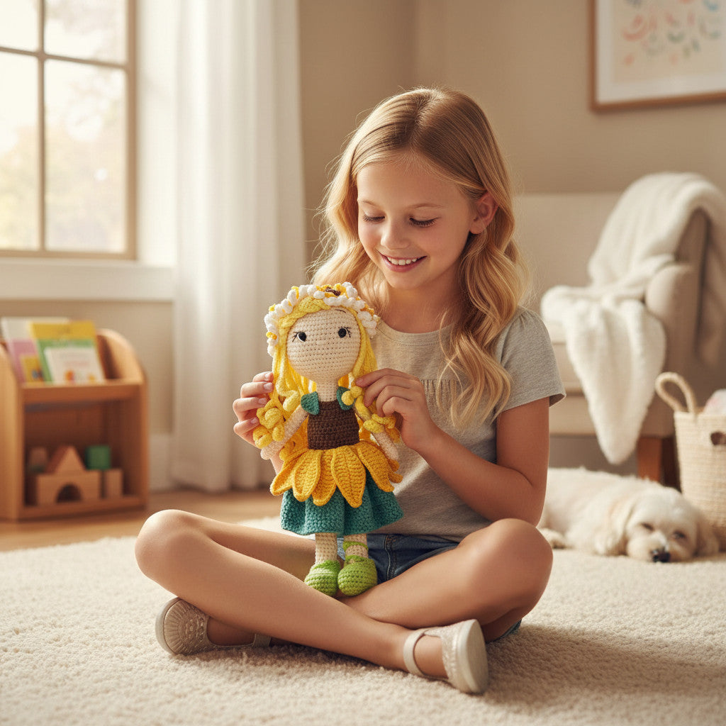 Suzie's Sunshine Dolls Daisy, a handmade crochet doll with golden yarn hair, wearing a sunflower skirt, green shoes, and a floral crown.