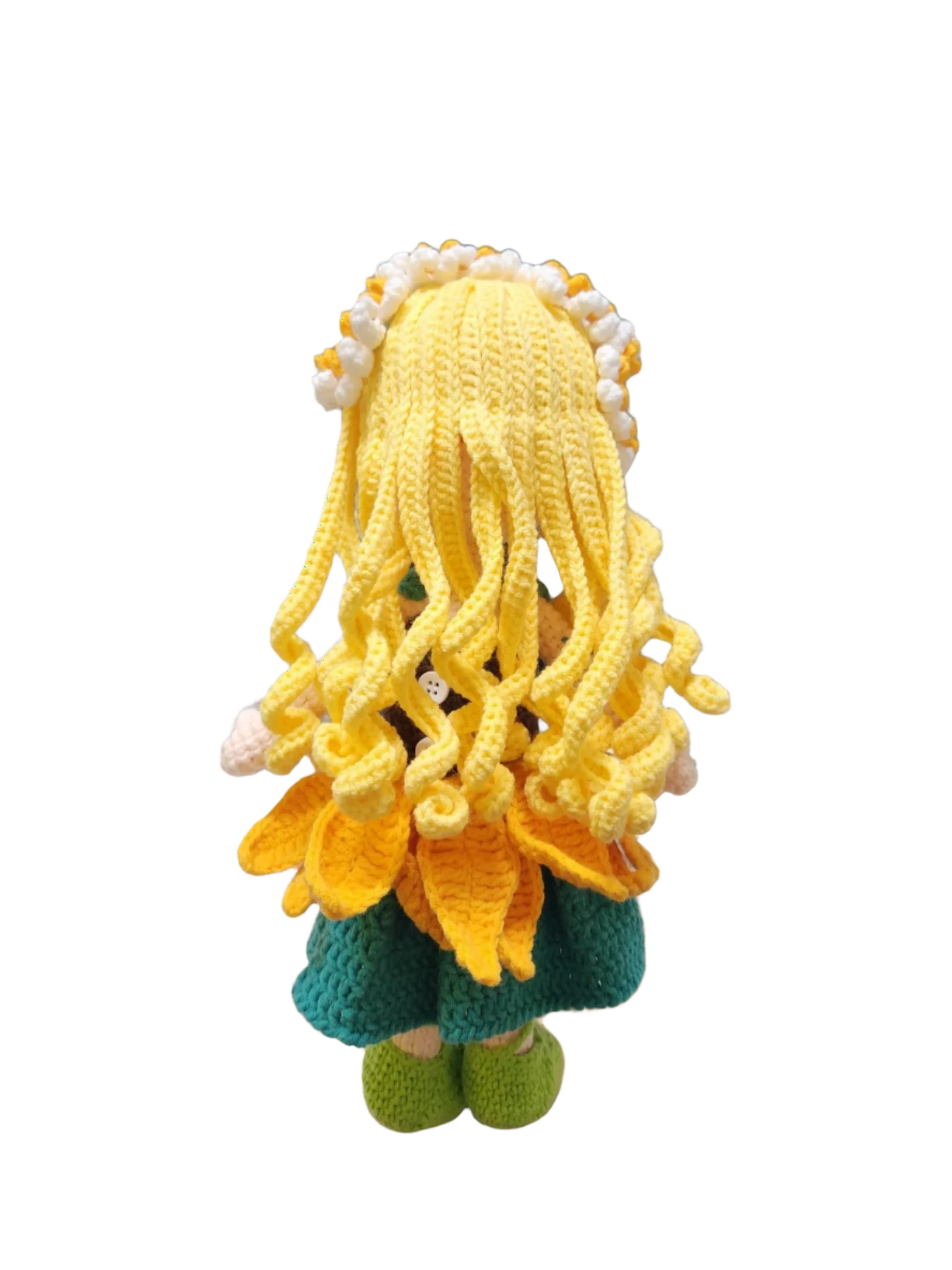 Suzie's Sunshine Dolls Daisy doll with blonde yarn hair, sunflower skirt, green dress, and yellow shoes.