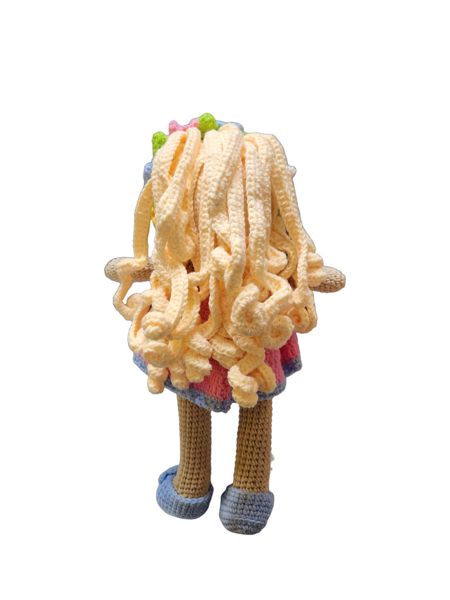 Suzie's Sunshine Dolls Delilah, a handmade crochet doll with blonde curly hair, pink dress, blue trim, and blue shoes.