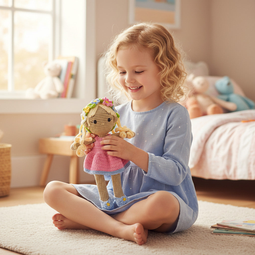 Suzie's Sunshine Dolls Delilah, a handmade crochet doll with blonde curls, wearing a pink dress with blue trim, blue shoes, and a floral crown.