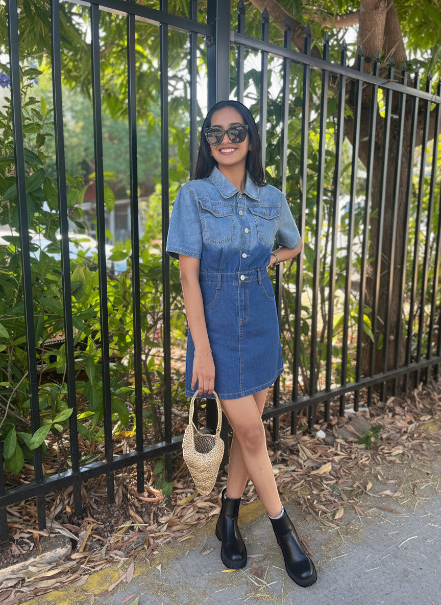 Suzie's Sunshine Dolls denim dress with puff sleeves and a collared neckline, worn by a smiling woman with sunglasses.