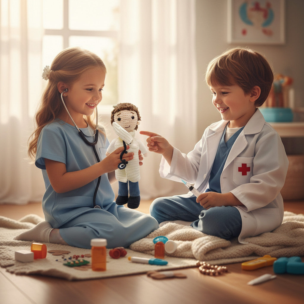 Suzie's Sunshine Dolls Doctor doll, crochet, white coat, blue pants, stethoscope, face mask, 28-30cm tall.