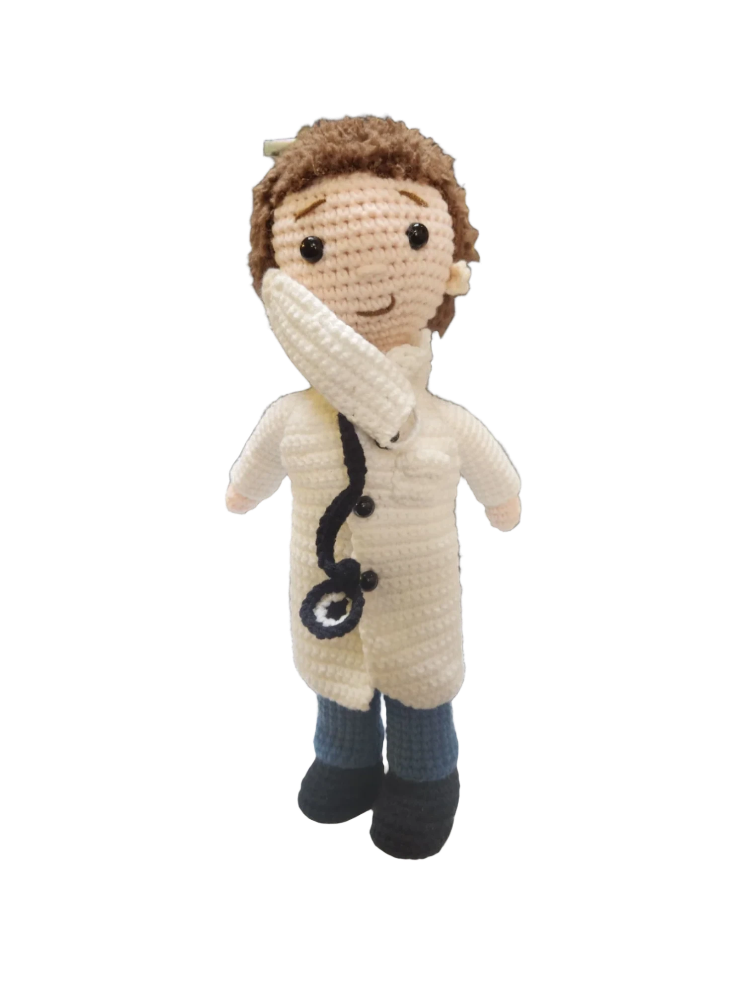 Suzie's Sunshine Dolls Doctor Doll, a crochet toy with white coat, blue pants, and stethoscope, perfect for role-play.