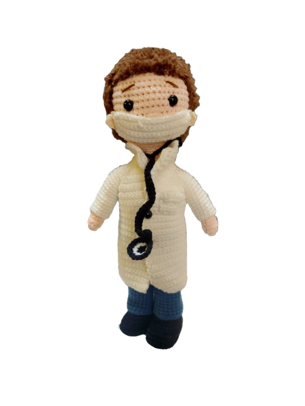 Suzie's Sunshine Dolls Doctor Doll, a crochet toy wearing a white coat, blue pants, and face mask with a stethoscope.