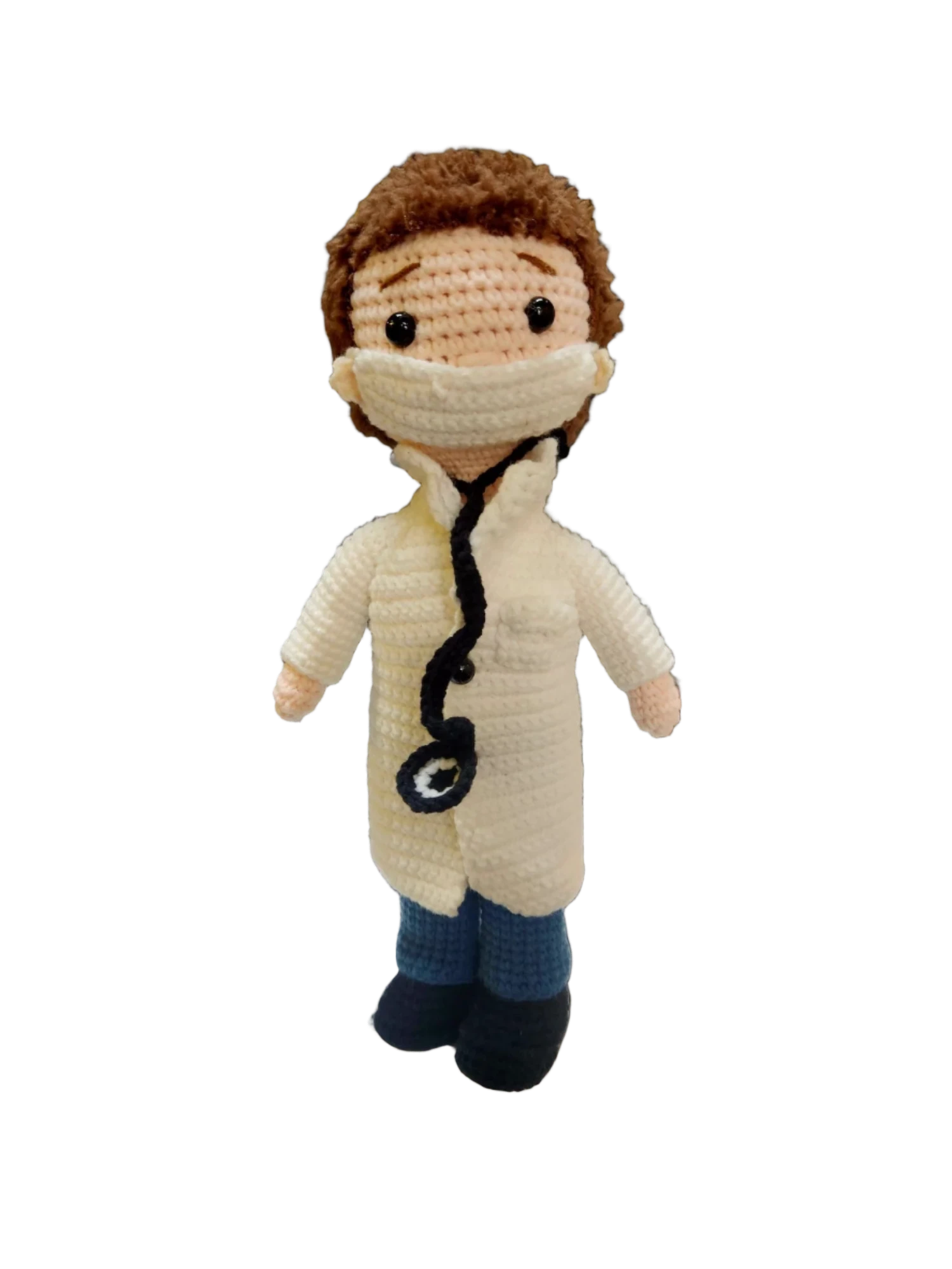 Suzie's Sunshine Dolls Doctor Doll, a crochet toy wearing a white coat, blue pants, and face mask with a stethoscope.
