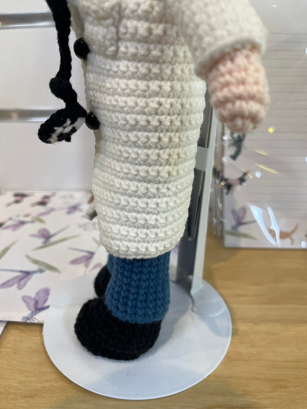 Suzie's Sunshine Dolls Doctor Doll, white crochet coat, blue pants, black shoes, stethoscope. Handmade.