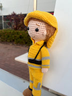 Suzie's Sunshine Dolls handmade crocheted yellow firefighter doll with reflective stripes and hood. Approx. 28-30cm.