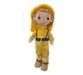 Suzie's Sunshine Dolls handmade yellow crocheted firefighter doll with detailed uniform and hood.