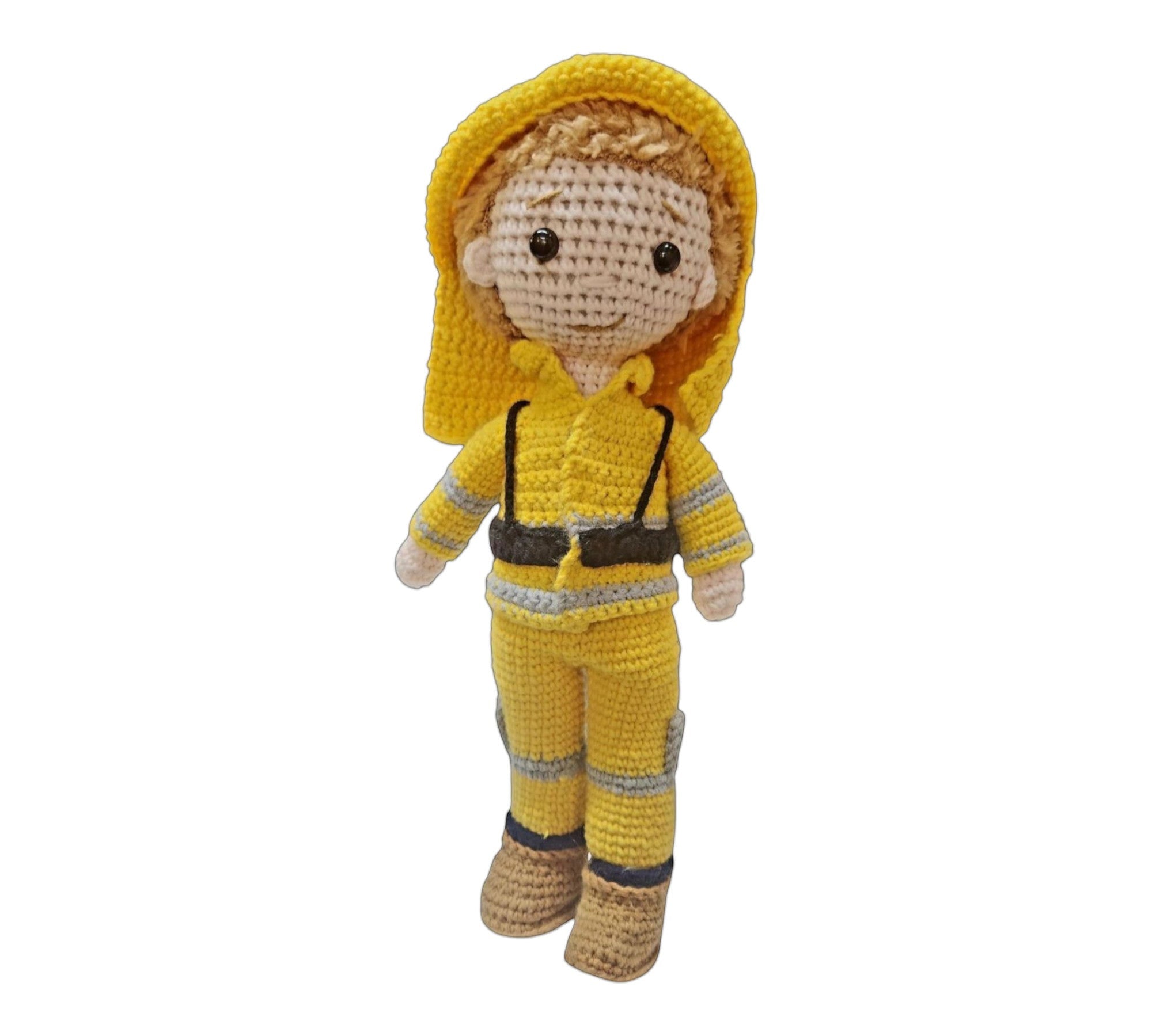 Suzie's Sunshine Dolls handmade yellow crocheted firefighter doll with detailed uniform and hood.
