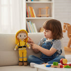 Suzie's Sunshine Dolls handmade yellow crocheted firefighter doll with reflective stripes and hood.