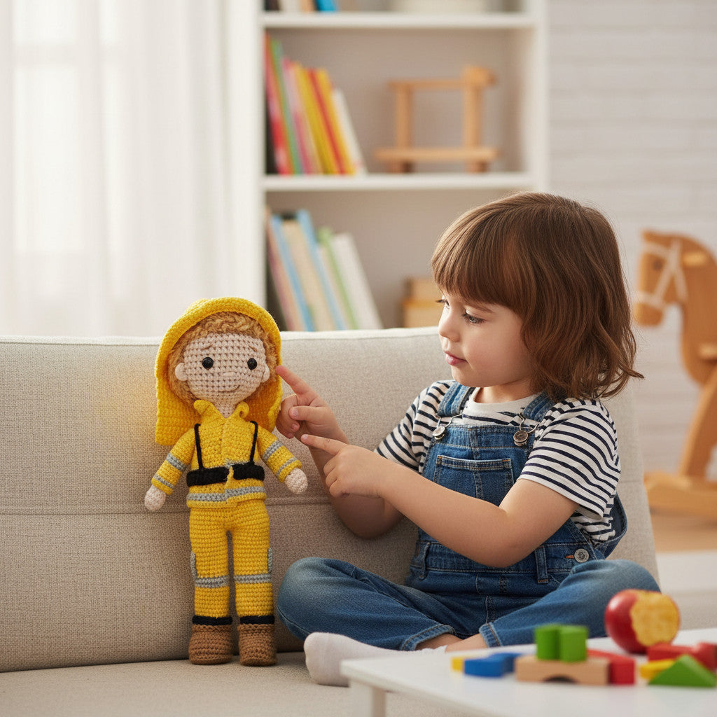 Suzie's Sunshine Dolls handmade yellow crocheted firefighter doll with reflective stripes and hood.