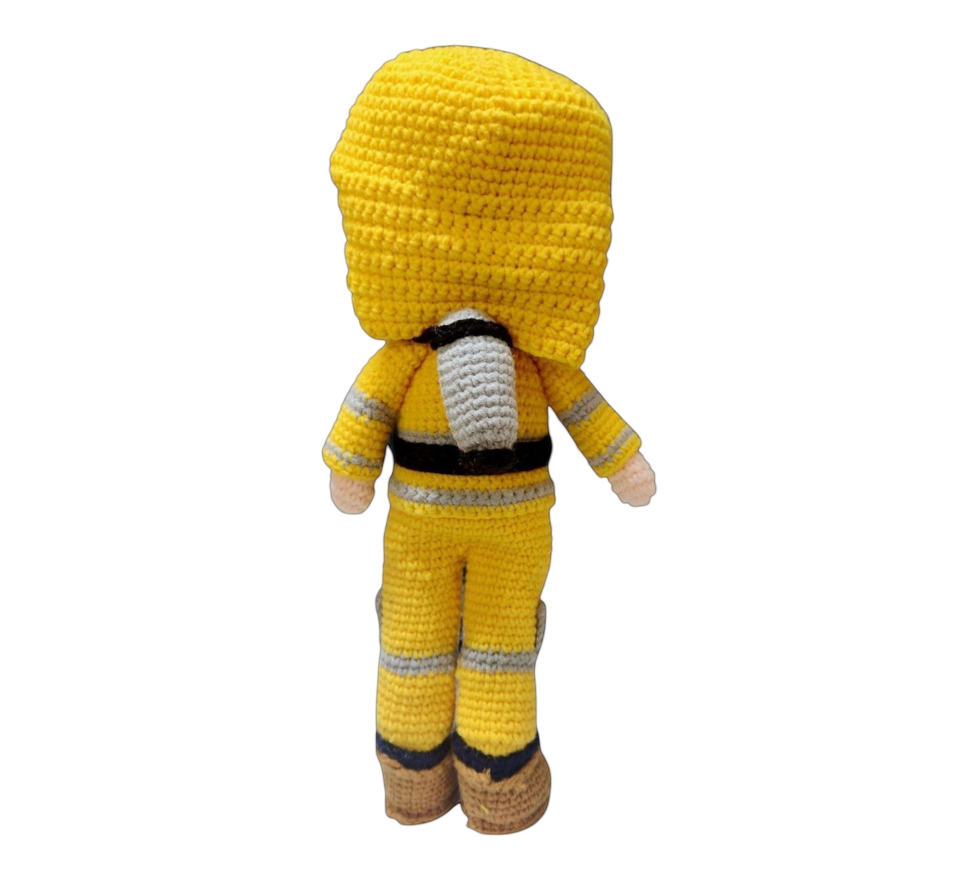Suzie's Sunshine Dolls yellow crocheted fireman doll with reflective stripes and brown boots. Handmade.