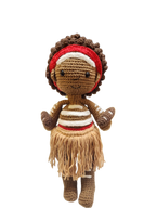 Suzie's Sunshine Dolls handcrafted crocheted First Nations dancer doll with short brown hair, red headband, striped top, and fringed skirt.