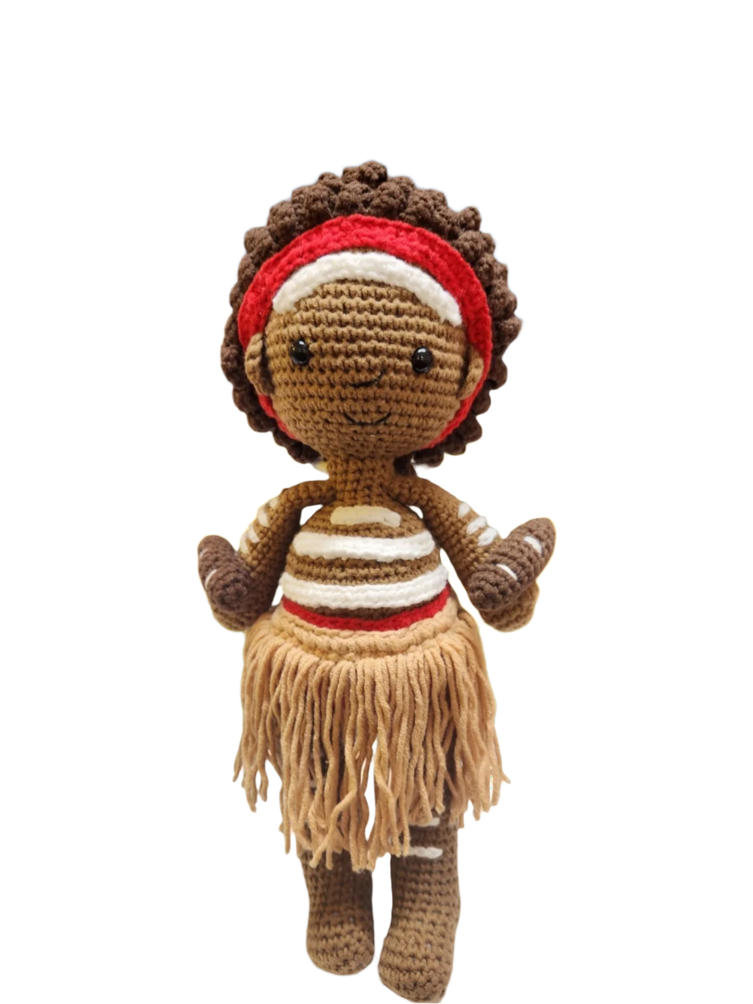 Suzie's Sunshine Dolls handcrafted crocheted First Nations dancer doll with short brown hair, red headband, striped top, and fringed skirt.