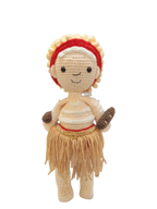 Suzie's Sunshine Dolls handcrafted crocheted First Nations dancer doll with short hair, red headband, and fringed skirt.