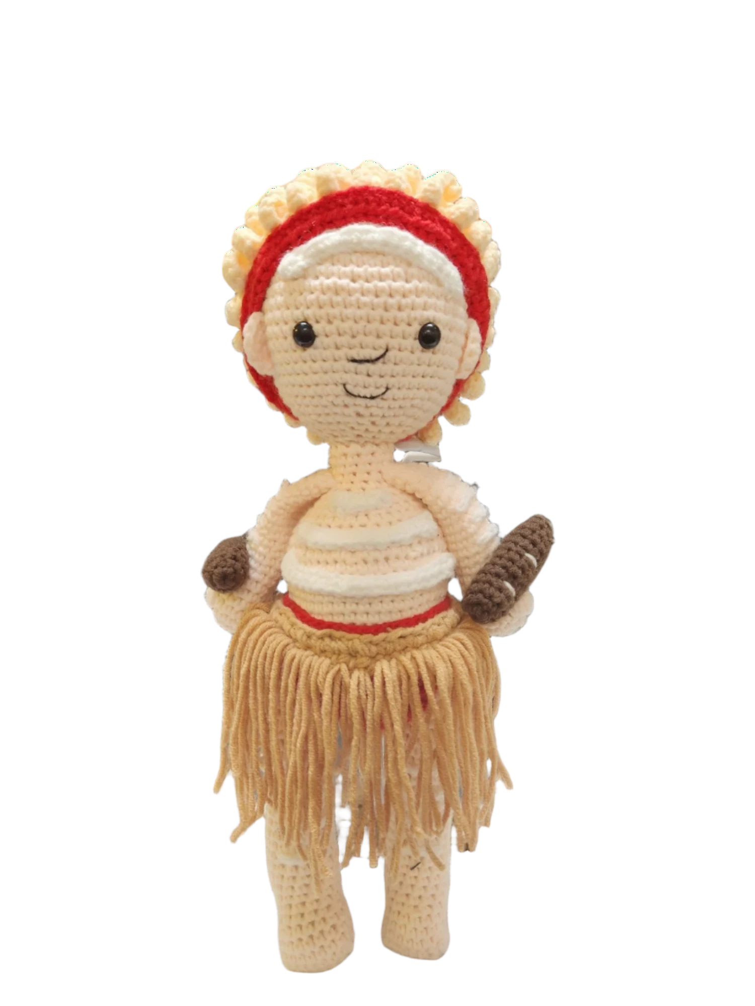 Suzie's Sunshine Dolls handcrafted crocheted First Nations dancer doll with short hair, red headband, and fringed skirt.