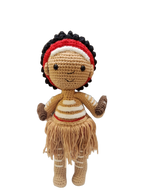 Suzie's Sunshine Dolls First Nations dancer doll with short hair, red headband, fringed skirt, and body markings.