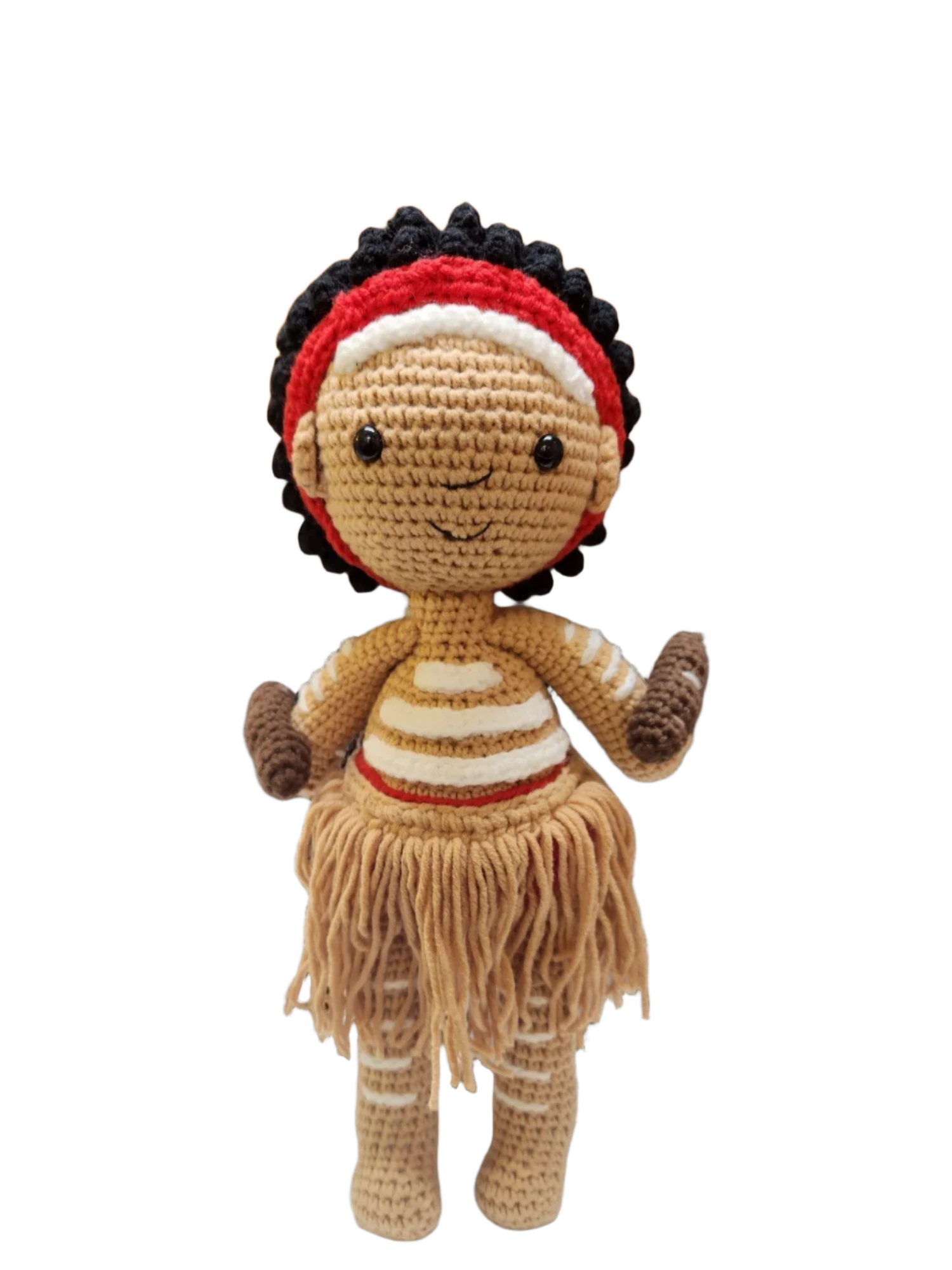 Suzie's Sunshine Dolls First Nations dancer doll with short hair, red headband, fringed skirt, and body markings.