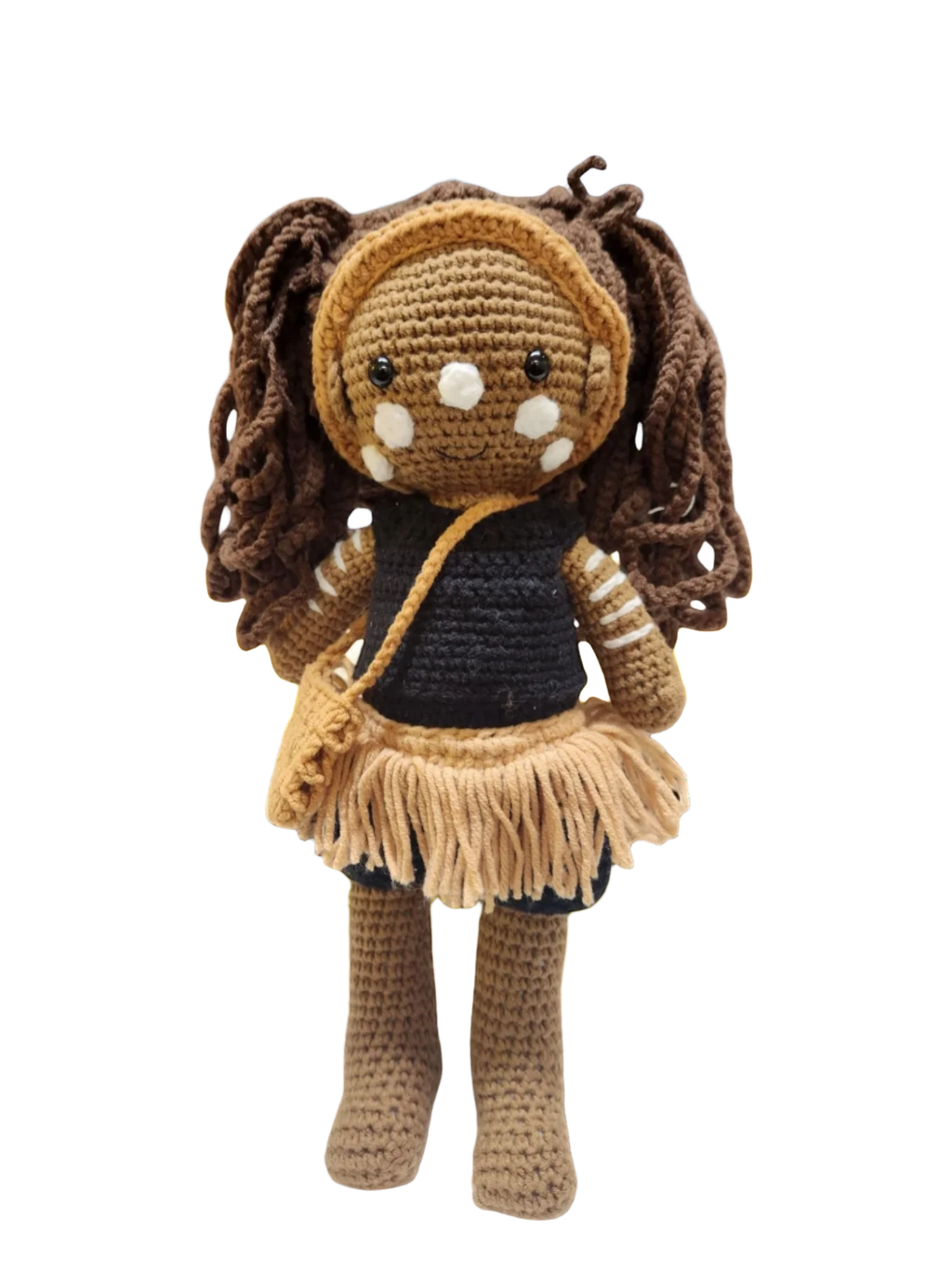 Suzie's Sunshine Dolls First Nations dancer doll with long brown yarn hair, black and ochre outfit, and white face paint.