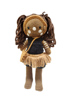 Suzie's Sunshine Dolls First Nations dancer doll with long brown yarn hair, black and ochre outfit, and white face paint.