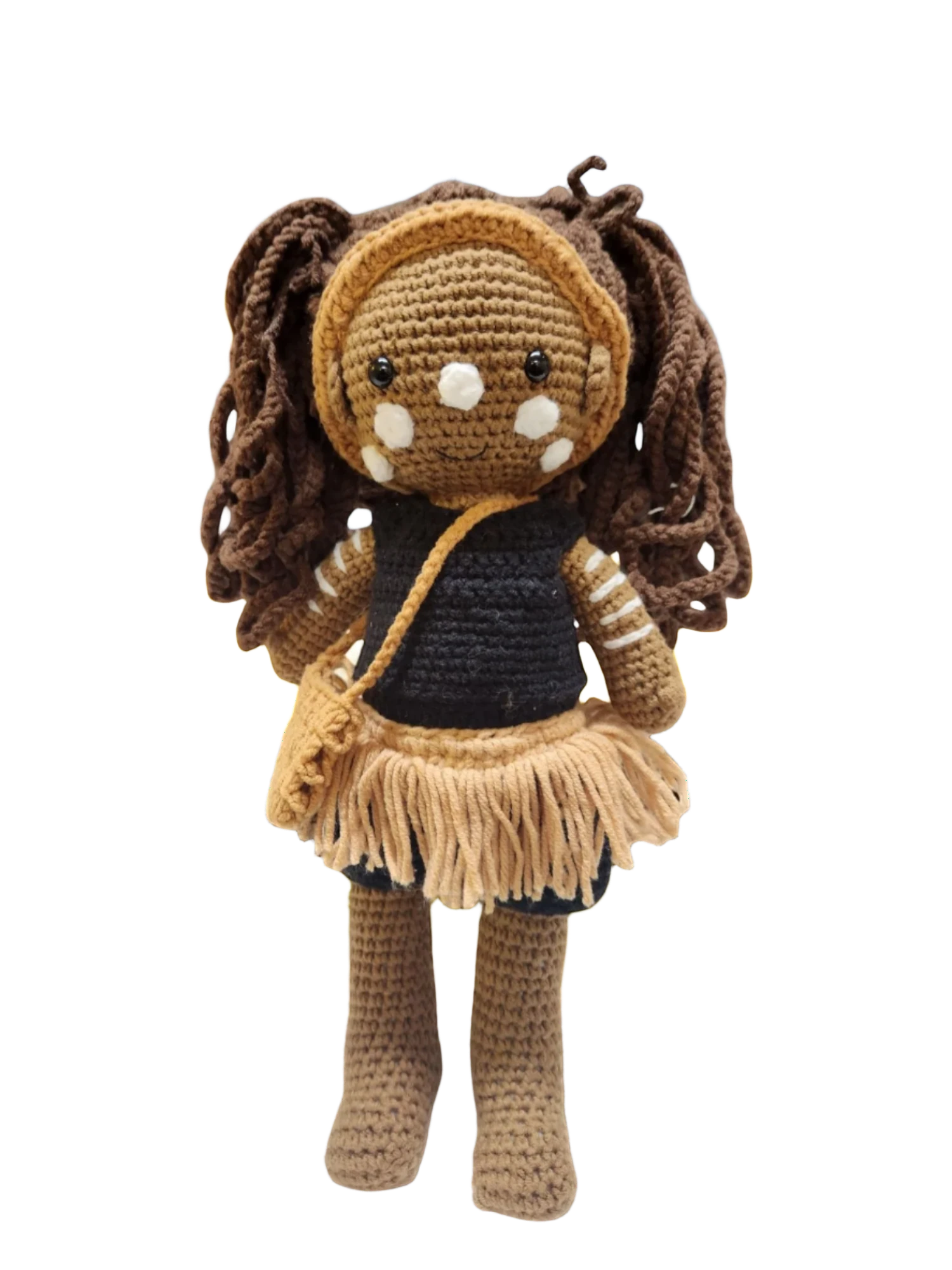Suzie's Sunshine Dolls First Nations dancer doll with long brown yarn hair, black and ochre outfit, and white face paint.