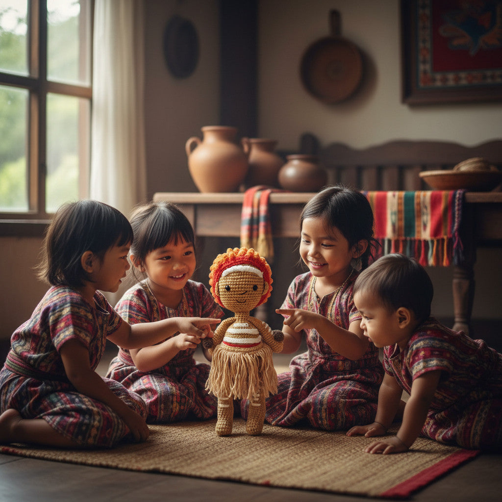 Suzie's Sunshine Dolls First Nations dancer doll with short curly hair, orange and red headband, and fringed skirt.