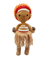 Suzie's Sunshine Dolls First Nations dancer doll with short curly hair, orange and red headband, and fringed skirt.