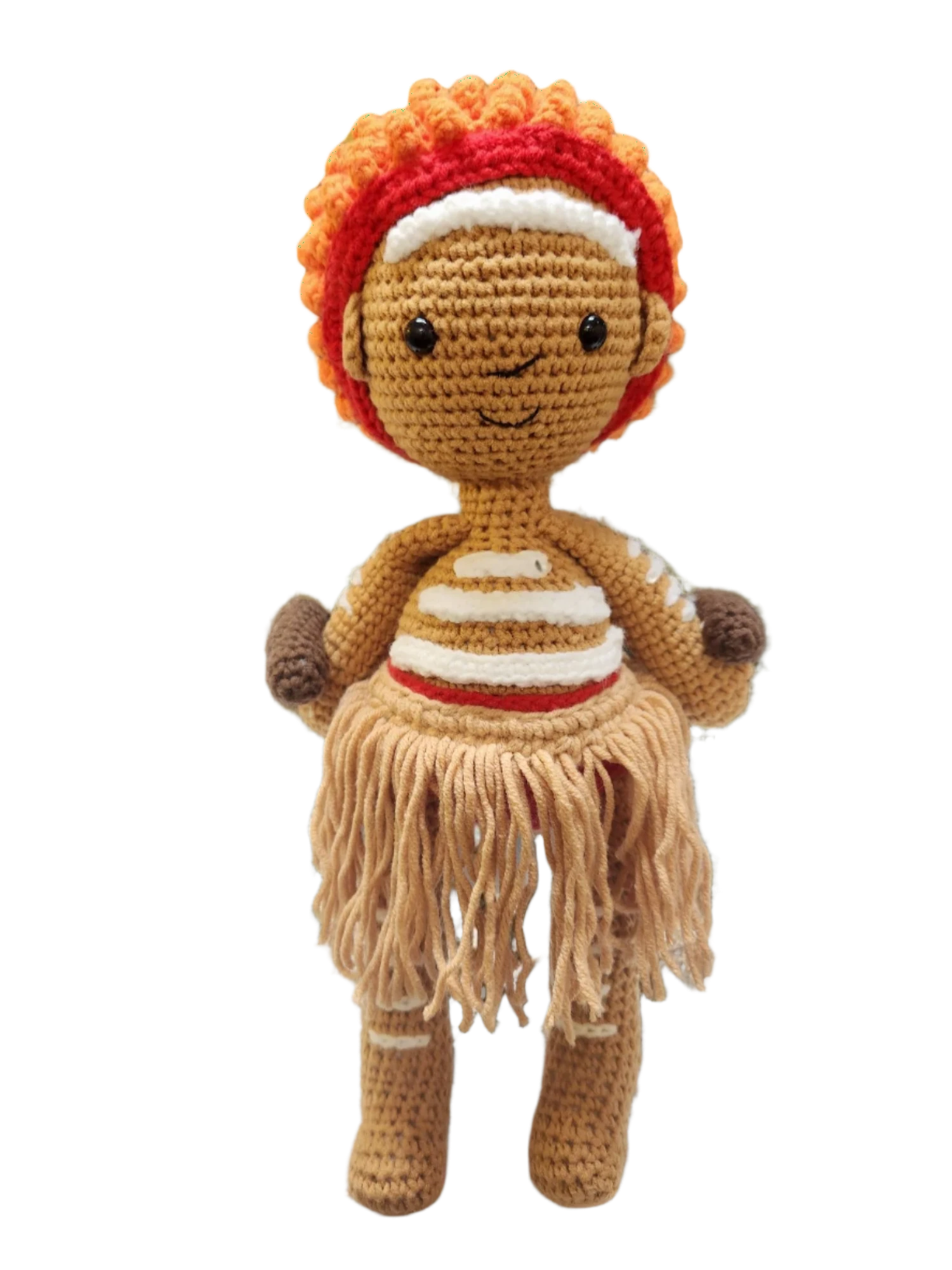 Suzie's Sunshine Dolls First Nations dancer doll with short curly hair, orange and red headband, and fringed skirt.
