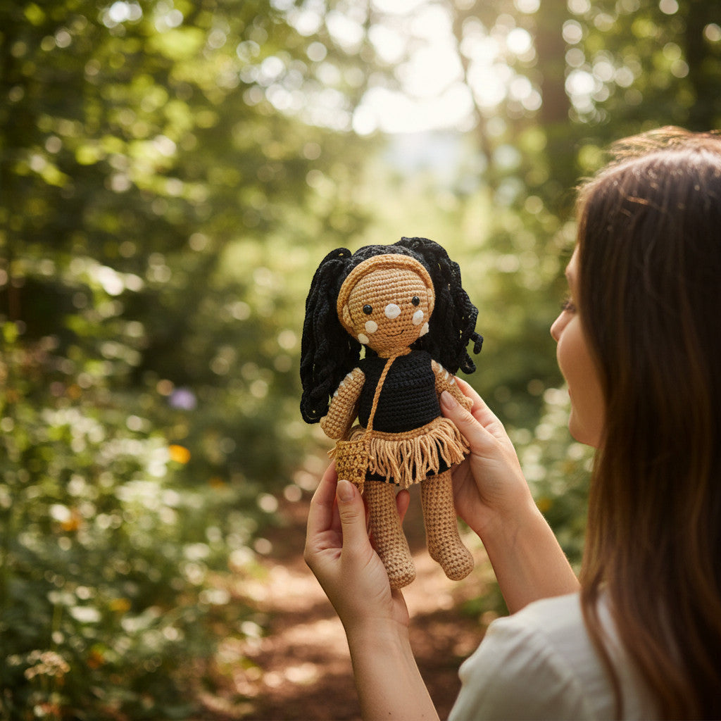 Suzie's Sunshine Dolls First Nations dancer doll with long black yarn hair, tan skin, black outfit, and fringed skirt.