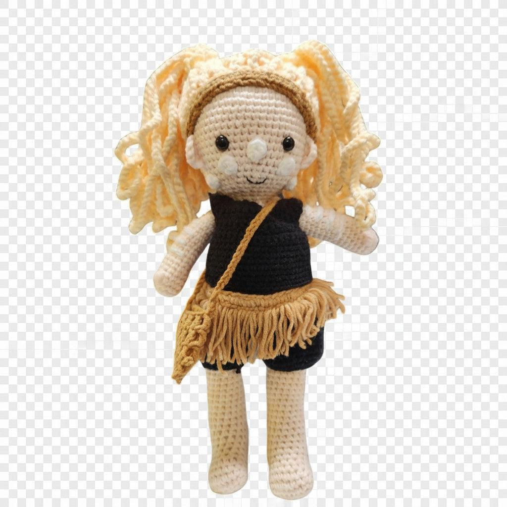Suzie's Sunshine Dolls First Nations dancer doll with long blonde yarn hair, black outfit, and fringed pouch.