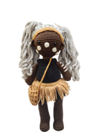 Suzie's Sunshine Dolls First Nations dancer doll with long grey yarn hair, black outfit, and fringed skirt.