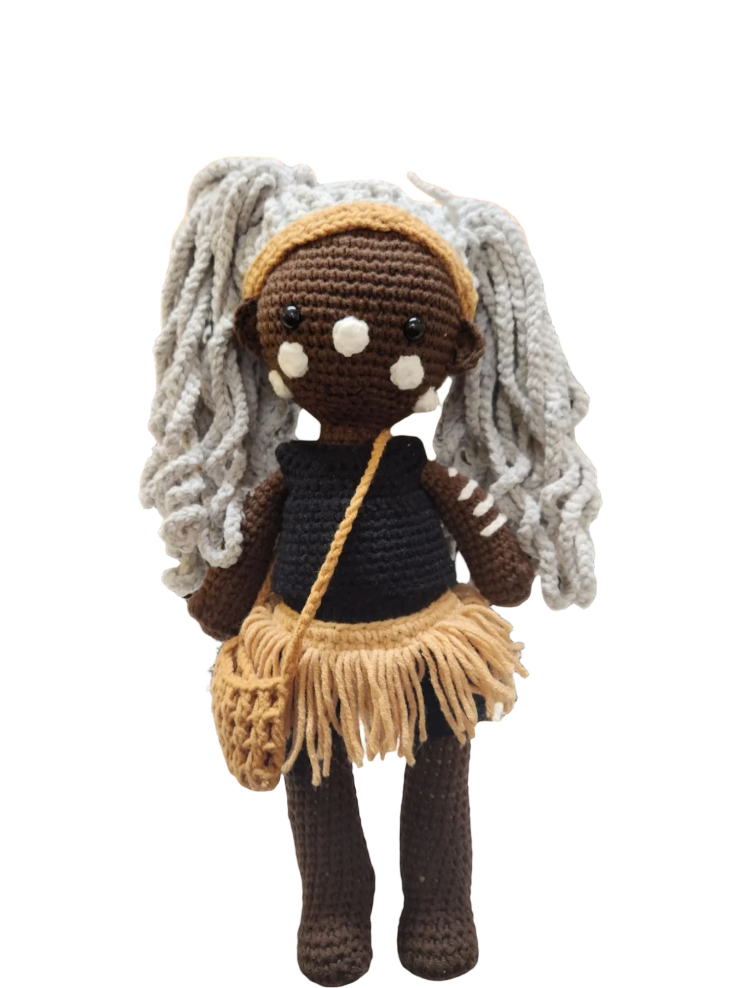 Suzie's Sunshine Dolls First Nations dancer doll with long grey yarn hair, black outfit, and fringed skirt.