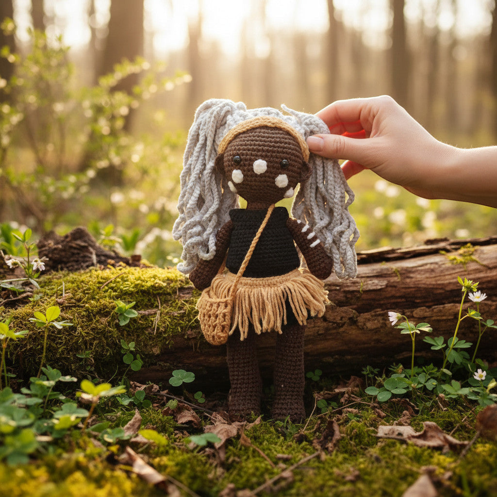 Suzie's Sunshine Dolls First Nations dancer doll with long grey yarn hair, black outfit, and fringed skirt.