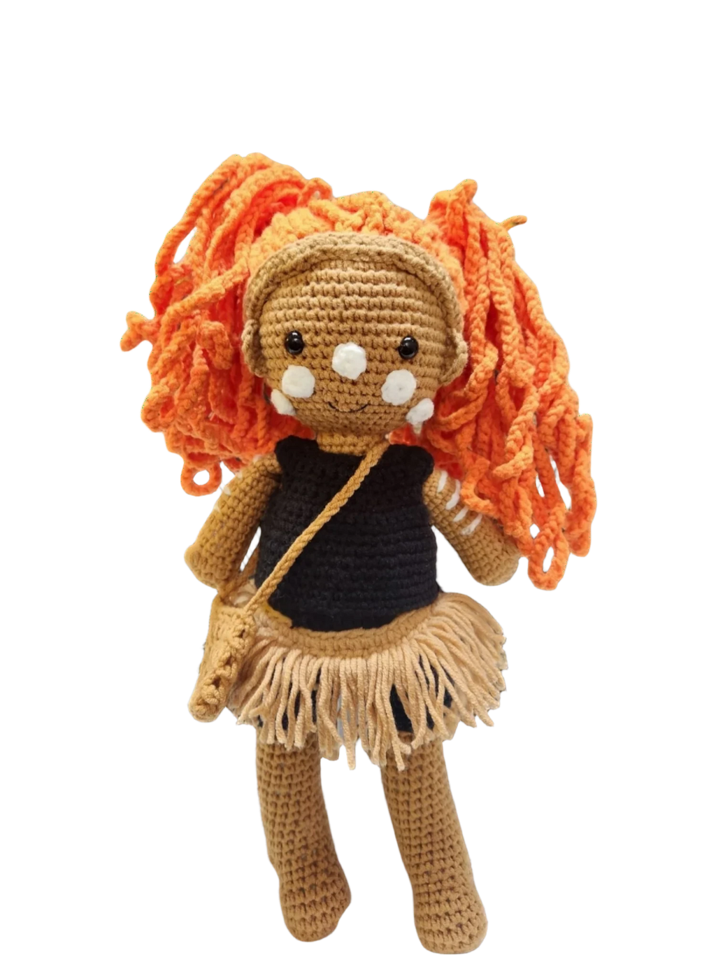 Suzie's Sunshine Dolls First Nations dancer doll with long orange yarn hair, black top, fringed skirt, and pouch.