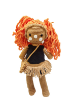Suzie's Sunshine Dolls First Nations dancer doll with long orange yarn hair, black top, fringed skirt, and pouch.