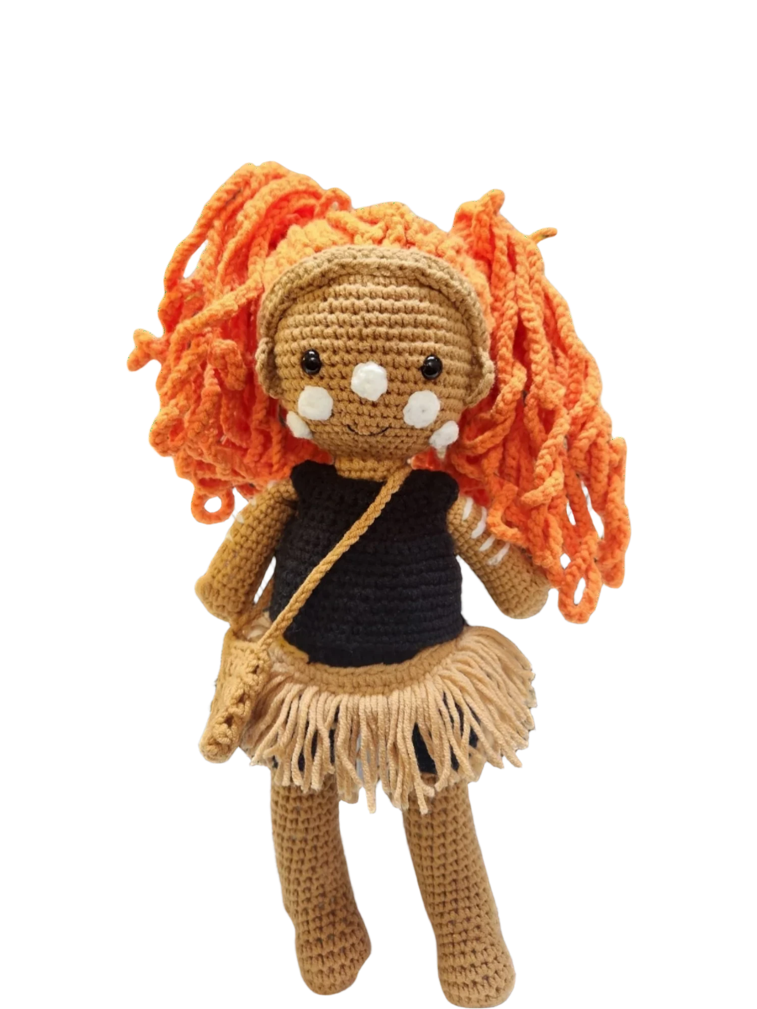 Suzie's Sunshine Dolls First Nations dancer doll with long orange yarn hair, black top, fringed skirt, and pouch.