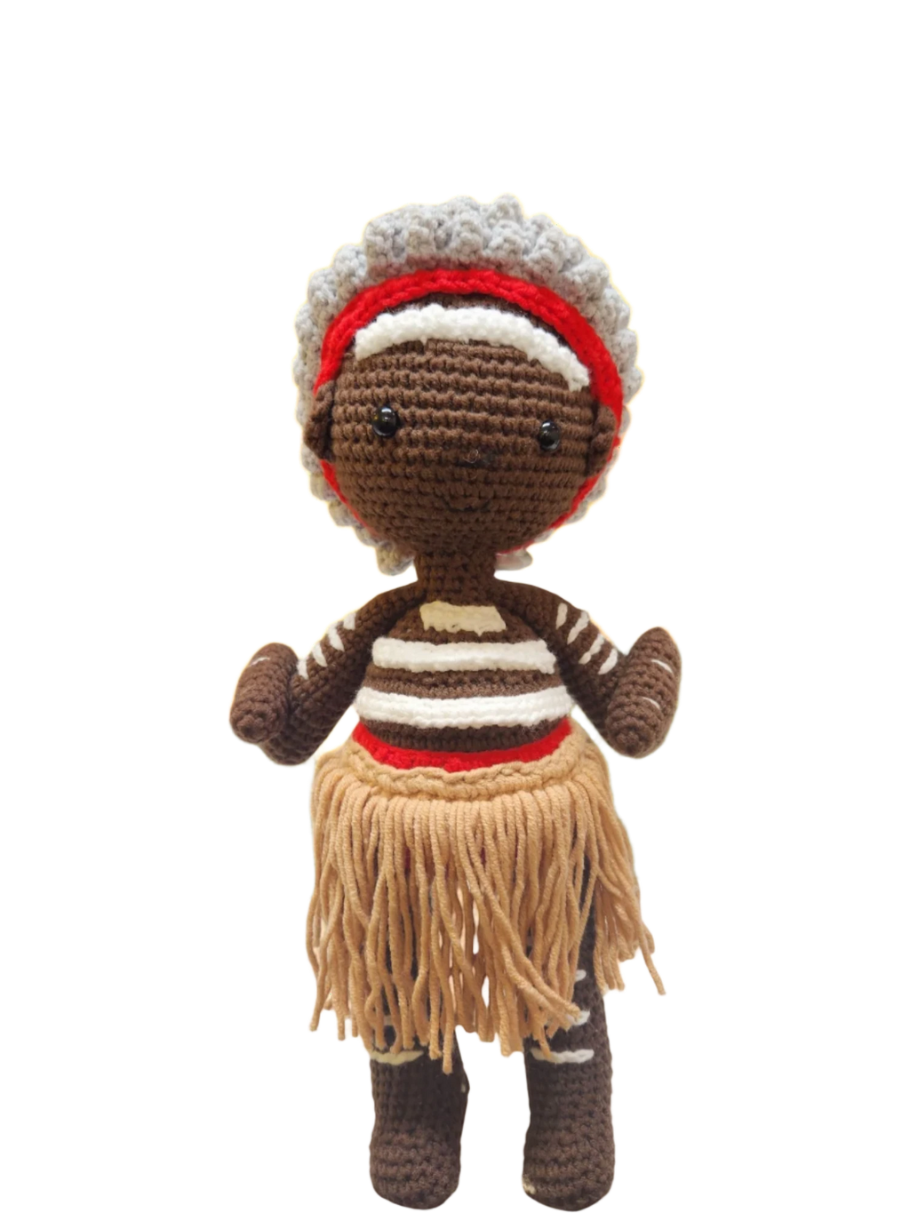 Suzie's Sunshine Dolls First Nations dancer doll with short hair, wearing a red headband, striped top, and fringed skirt.