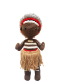 Suzie's Sunshine Dolls First Nations dancer doll with short hair, wearing a red headband, striped top, and fringed skirt.